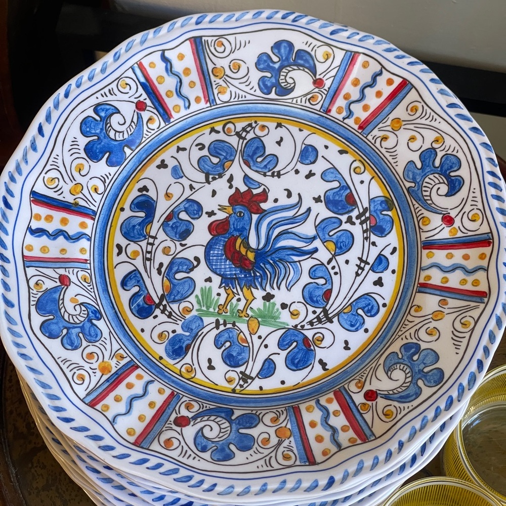 Le Cadeaux Melamine 4 Dinner Plates 11" BLUE ROOSTER French Chinoiserie Style